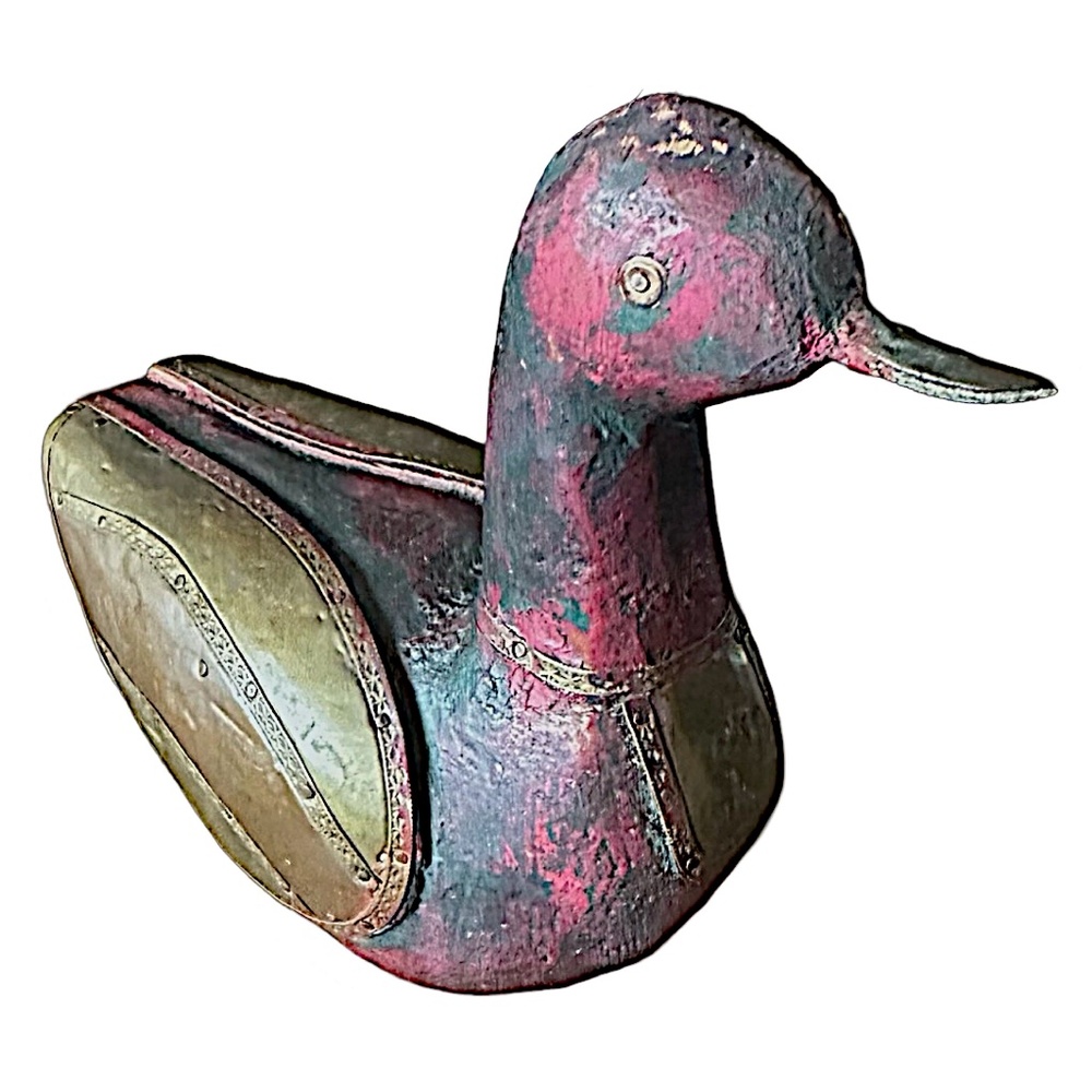 Vintage Hand Carved Wooden Duck 6” Brass Encrusted Home Decor Collectible